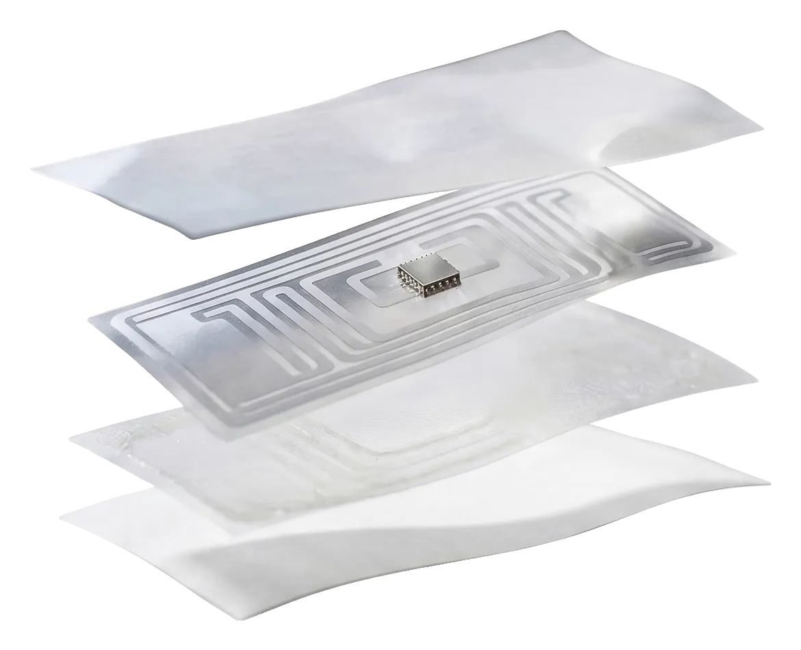 RFID-метка, разобранная по слоям: лицевой слой, антенна с чипом, клей, подложка